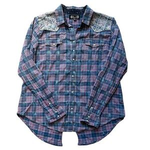 Shyanne Blue Pink Plaid Embroidered Detail High Low Back Slit Western Shirt XXL